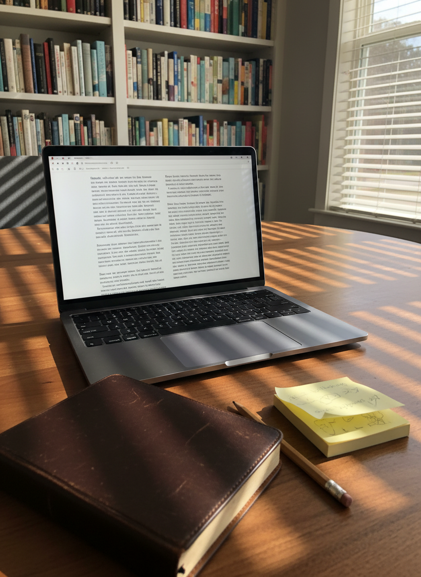 A sleek modern laptop with a dark, matte finish sits open on a walnut table, its screen displaying a minimalist word processor filled with lines of draft prose. Next to it lies a leather-bound journal, a graphite pencil worn down from use, and a small stack of sticky notes covered in faint scribbles. The scene is set in a quiet home office with floor-to-ceiling bookshelves lining the back wall, their spines forming a muted tapestry of color. Late afternoon sunlight filters through partially closed blinds, casting soft stripes of light and shadow across the keyboard. Photographic realism, shot from a slightly elevated angle with rule-of-thirds composition, creating an atmosphere of focused creativity and professional dedication to the craft of writing.