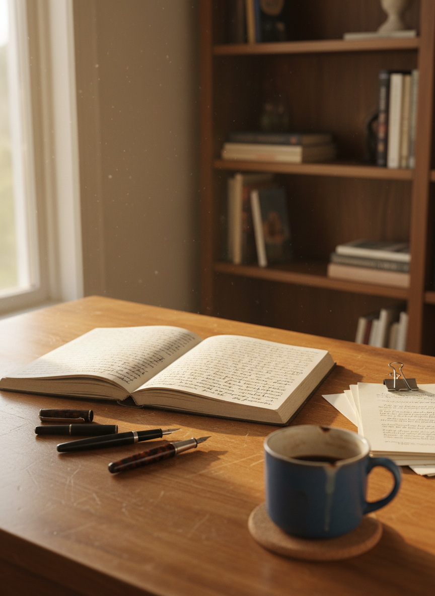 A well-used wooden writing desk with a smooth, honey-colored surface, scattered with an open linen-bound notebook filled with dense handwritten lines, several uncapped fountain pens, and a small stack of printed manuscript pages secured with a metal binder clip. A ceramic mug with faint coffee rings sits on a cork coaster near the edge. The desk is positioned beside a tall window in a quiet apartment, with soft morning light pouring in and illuminating dust motes in the air. The light creates gentle highlights along the pen barrels and paper edges, leaving the background bookshelves slightly out of focus. Photographic realism, eye-level composition with a shallow depth of field, calm and contemplative mood, evoking the intimate, authentic workspace of a dedicated writer.